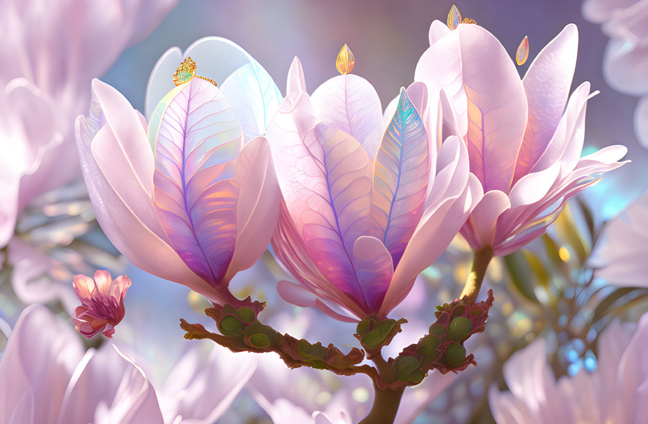 Colorful magnolia flowers and butterflies with soft-focus background