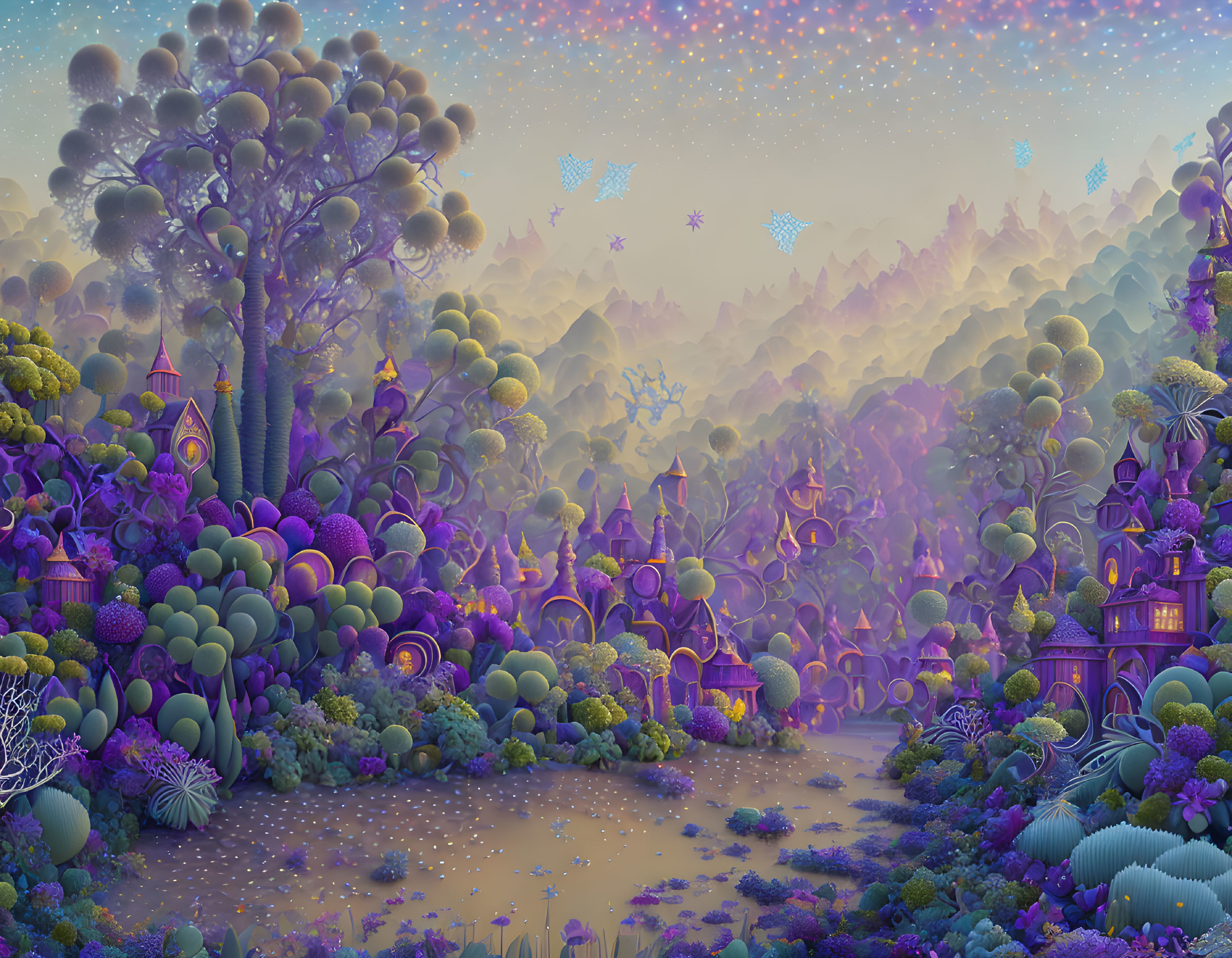 Whimsical purple and blue flora in fantastical landscape