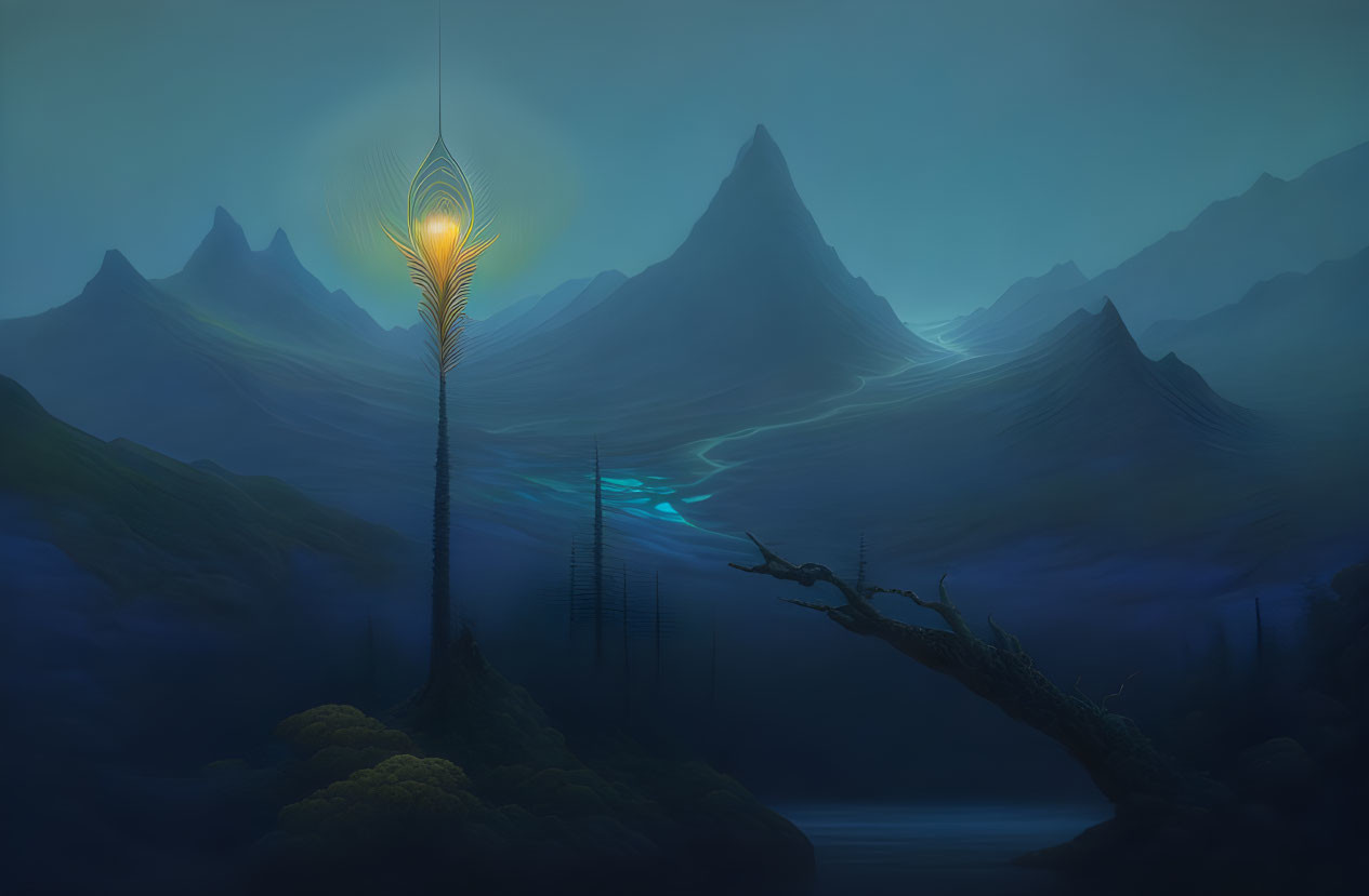 Mystical landscape: Glowing trees, misty mountains, twilight sky