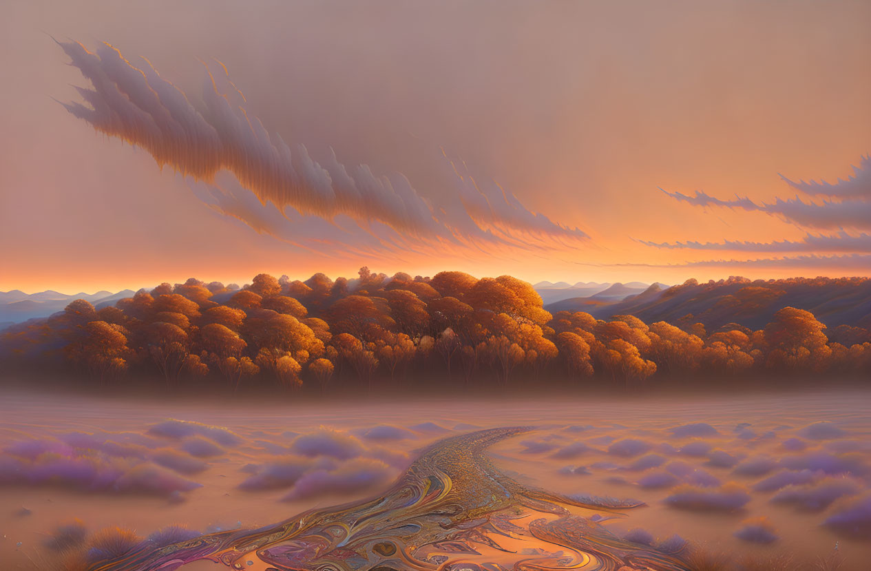 Tranquil landscape with winding river, golden trees, purple fog, and pastel sky