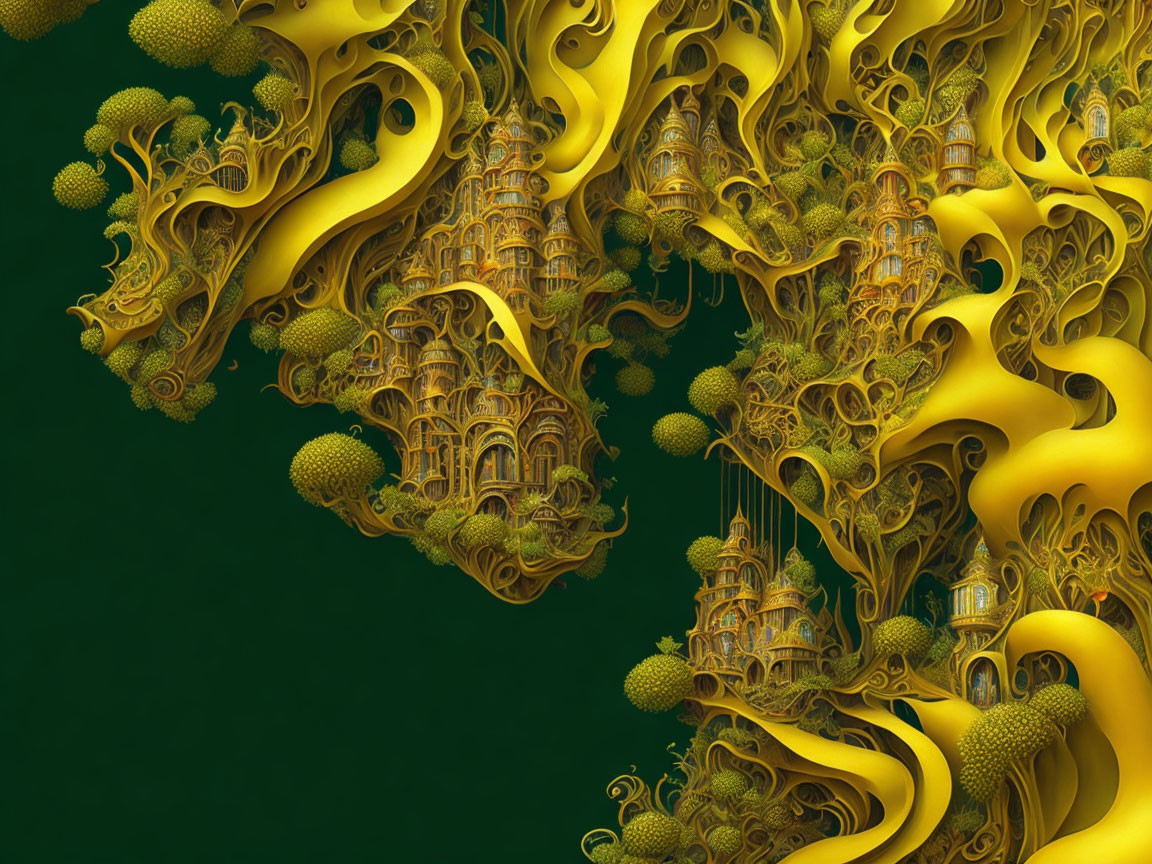 Intricate Golden Architectural Fractal on Dark Green Background