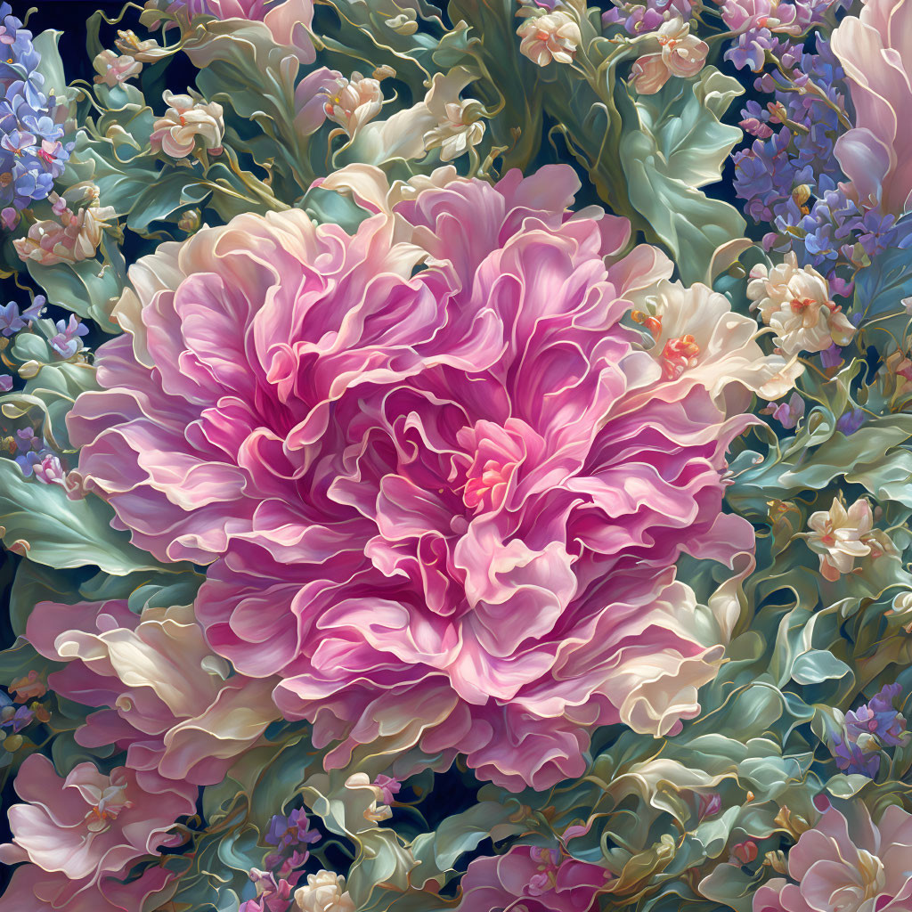 Colorful digital artwork featuring large pink peony and multicolored flowers on dark background