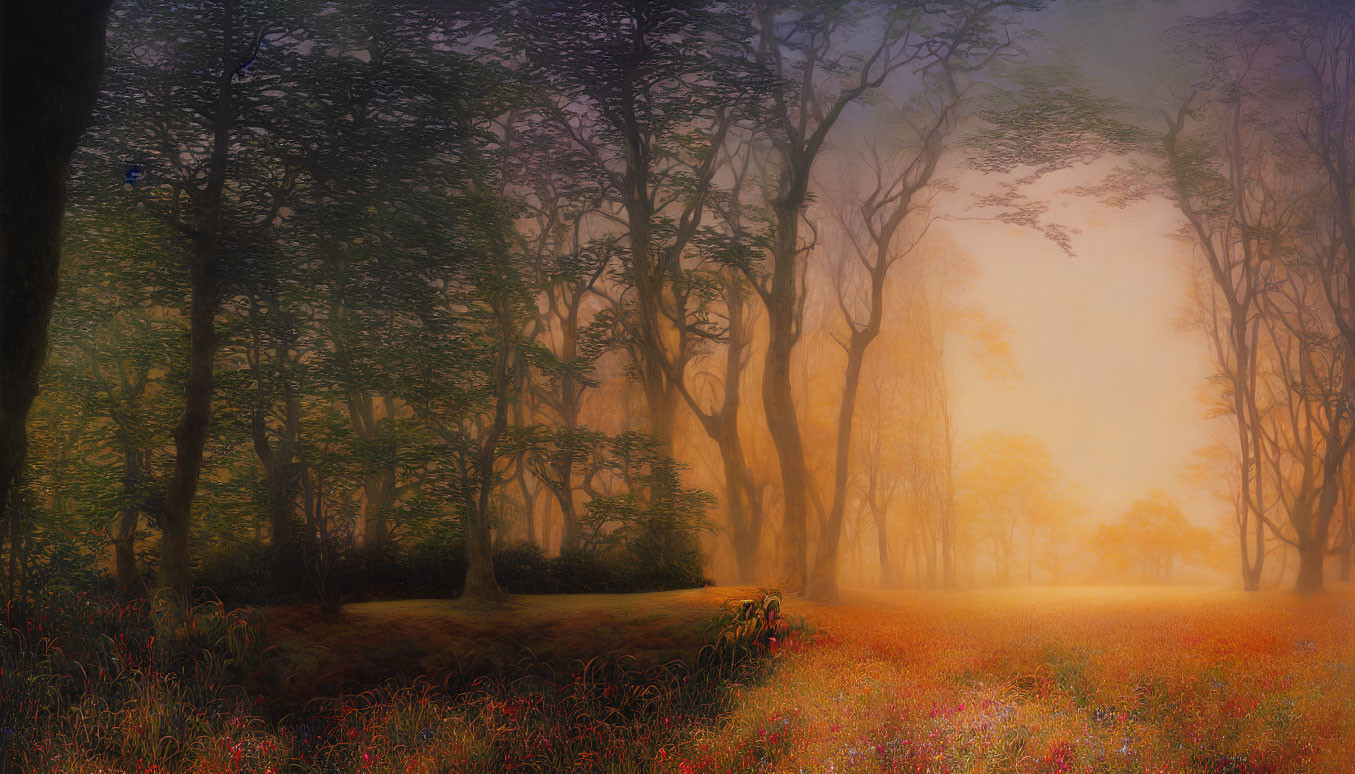 Misty forest with tall trees and wildflowers