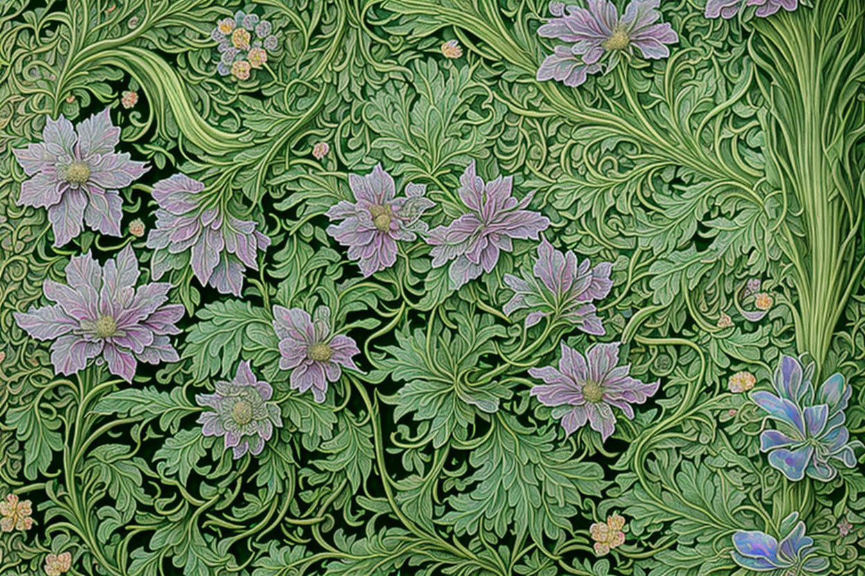 Detailed Green and Purple Floral Pattern with Ornate Design