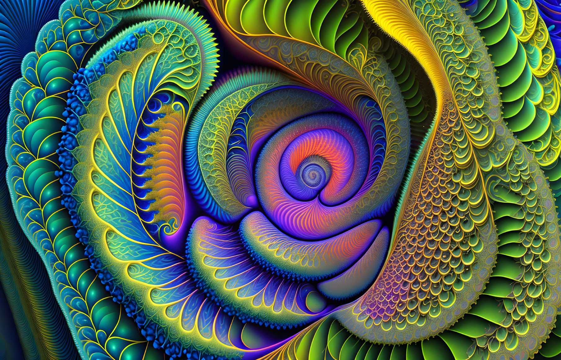 Colorful Swirling Fractal Image with Blue, Green, Orange, and Yellow Patterns