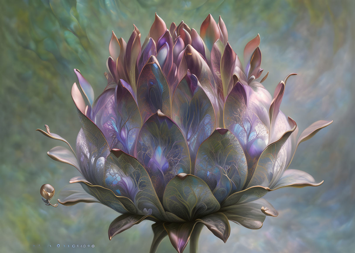 Fantastical iridescent flower digital artwork with delicate petal-like structures.