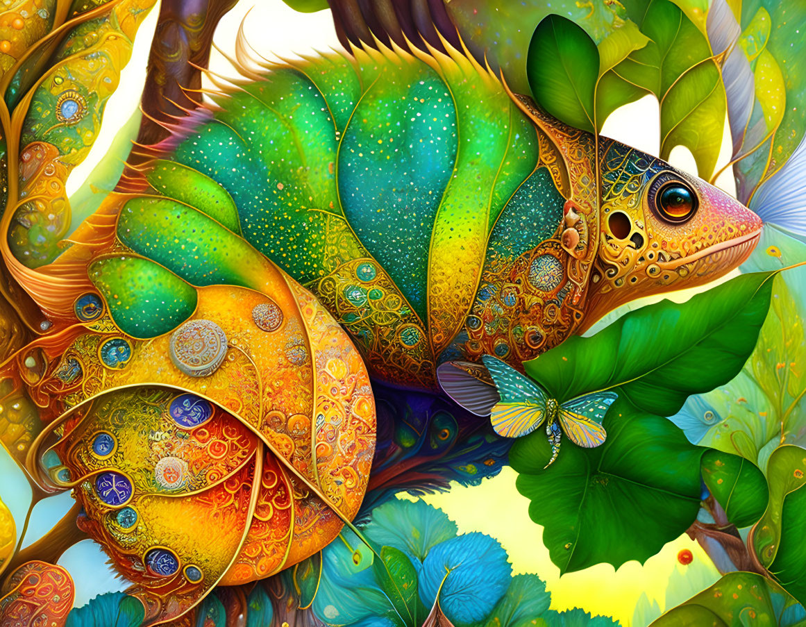 Colorful Fish with Intricate Scales in Forest Scene with Butterfly