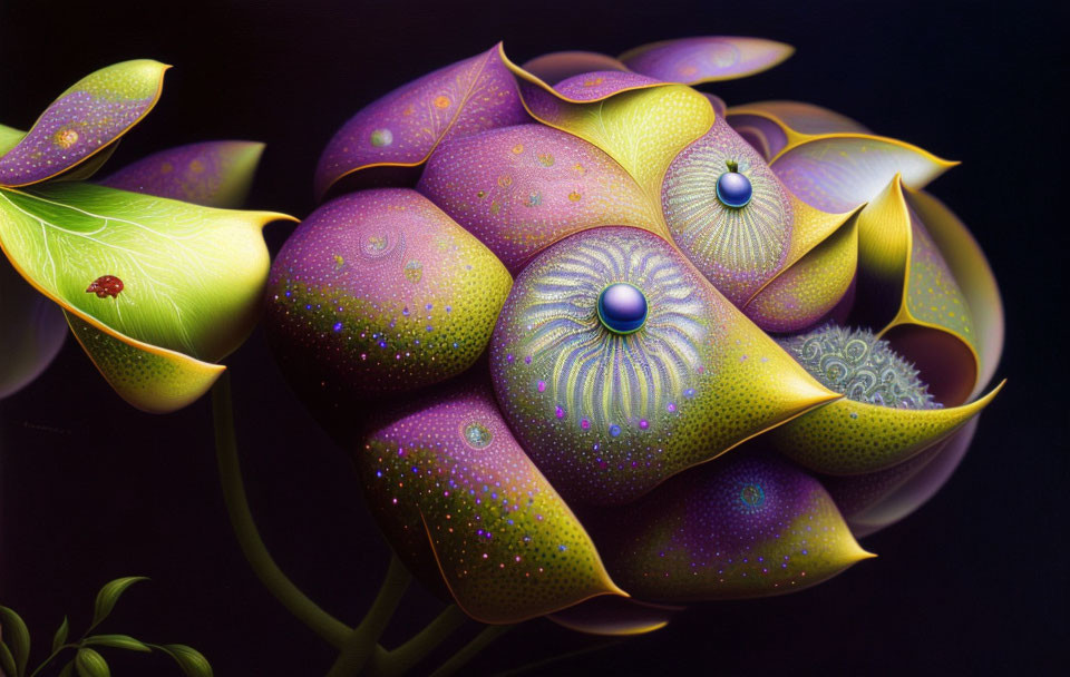 Colorful surreal flower painting with intricate patterns and glowing dots.