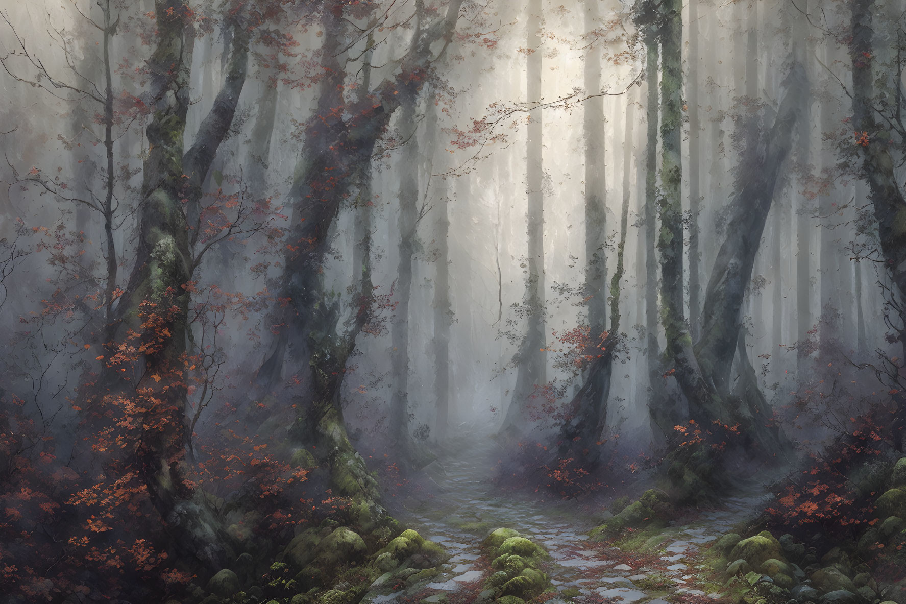 Misty forest with sunlight, leaf-strewn path, red foliage