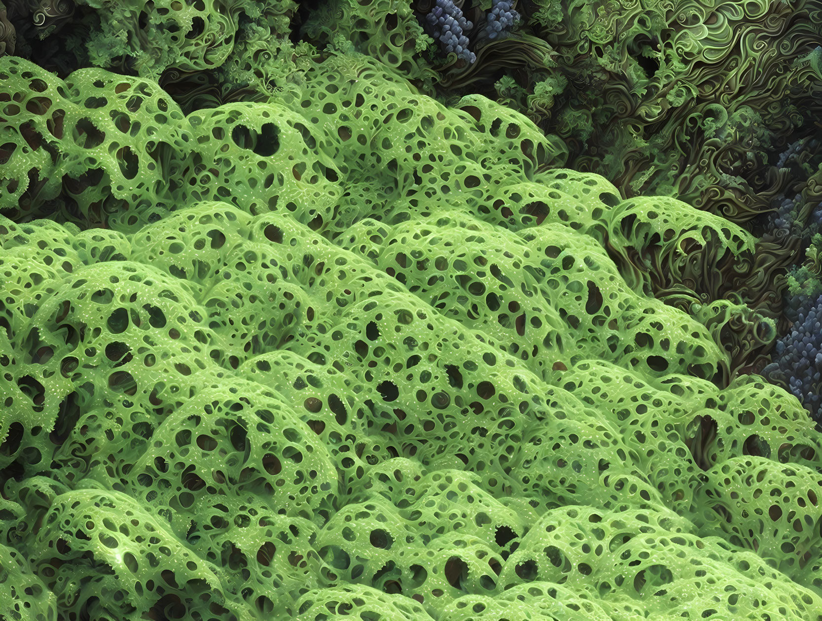 Detailed Fractal Landscape with Green Sponge-Like Textures