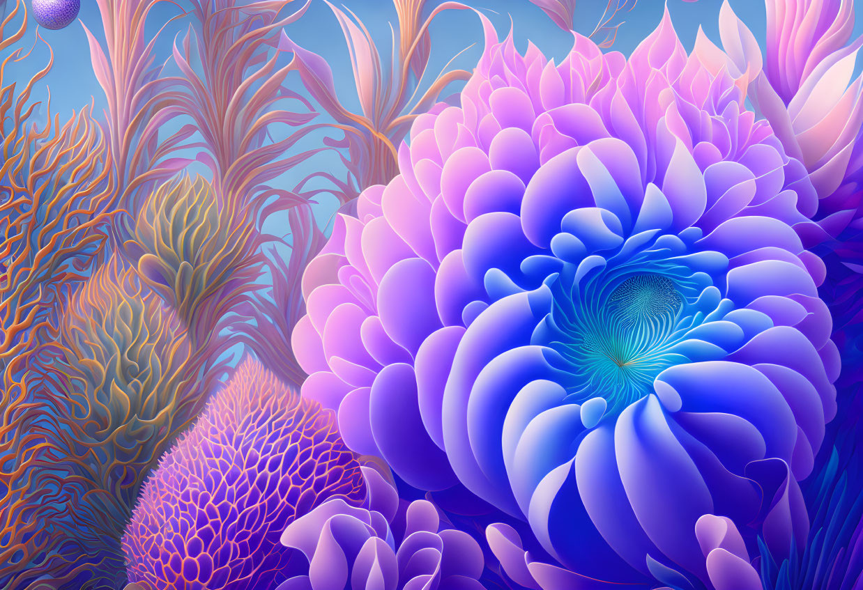 Stylized underwater digital artwork with large purple and blue flower and intricate coral patterns