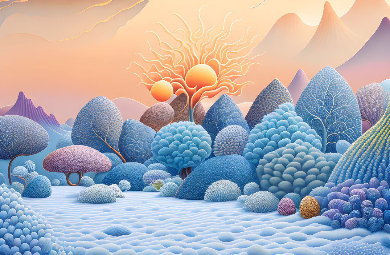 Colorful Stylized Landscape with Surreal Elements in Pastel Tones