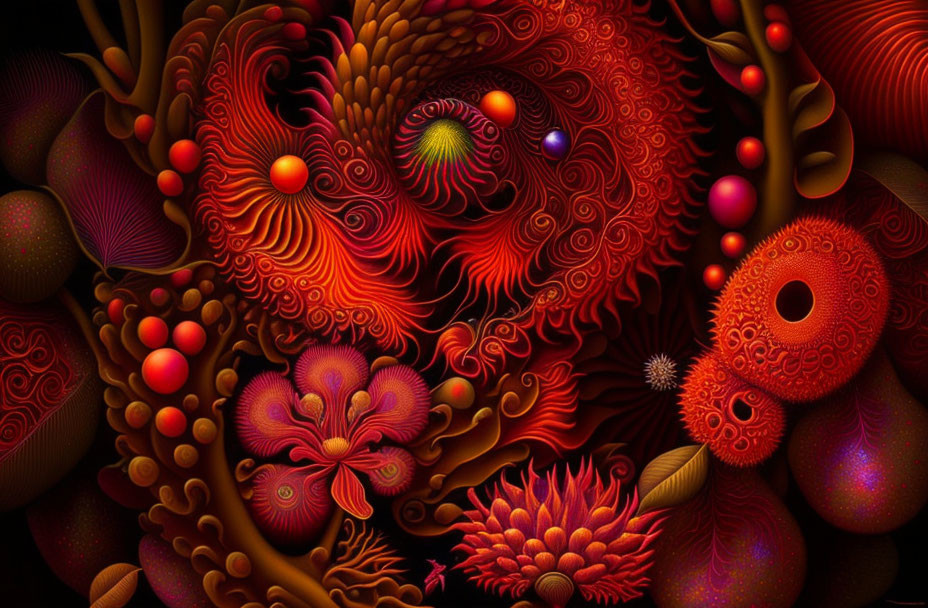 Colorful Fractal Image with Swirls and Floral Patterns on Dark Background