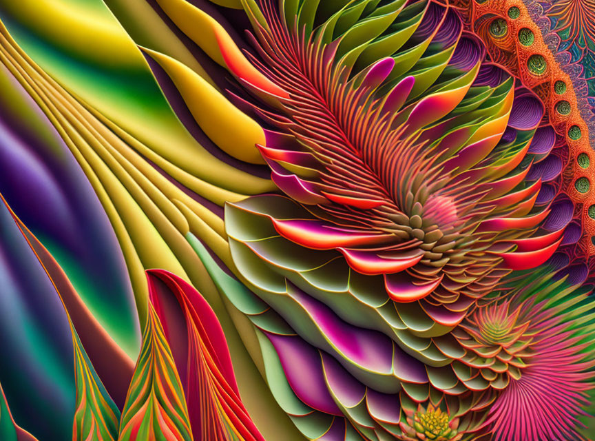 Colorful Digital Art with Feathery Petal Patterns in Mesmerizing 3D