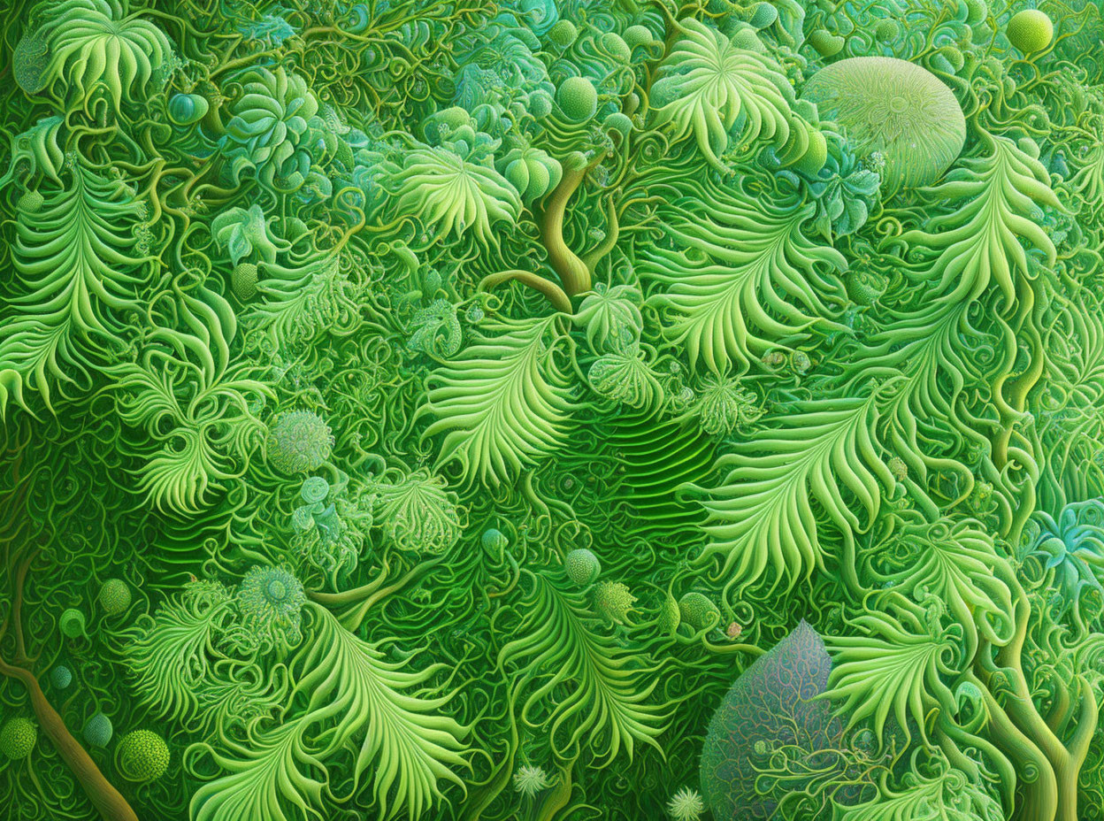 Fractal illustration with green leaf-like patterns and spherical shapes