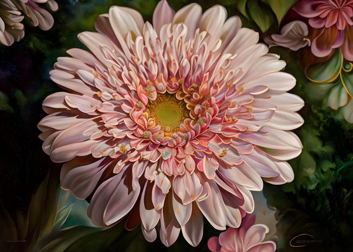 Close-up of blooming pink and white chrysanthemum with intricate details