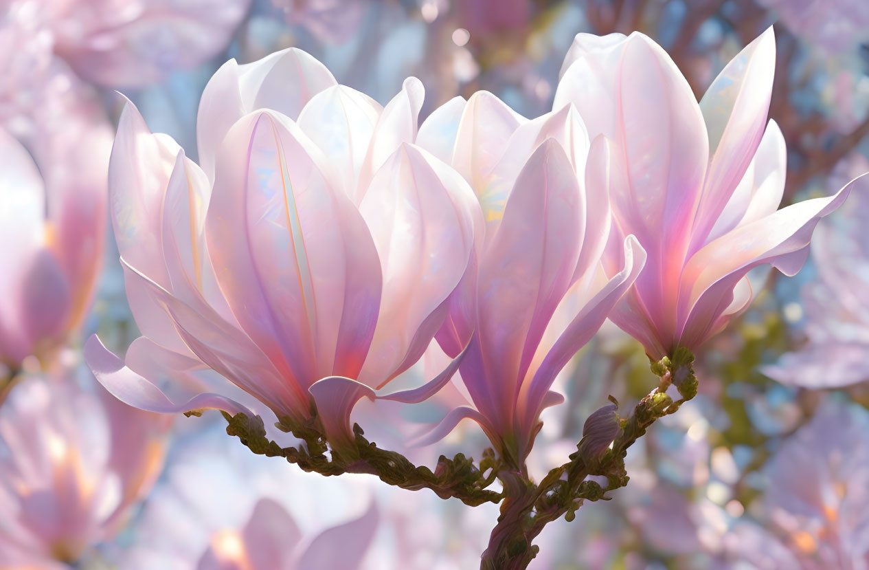 Radiant magnolia blooms in soft pink hue against blurred blossoms