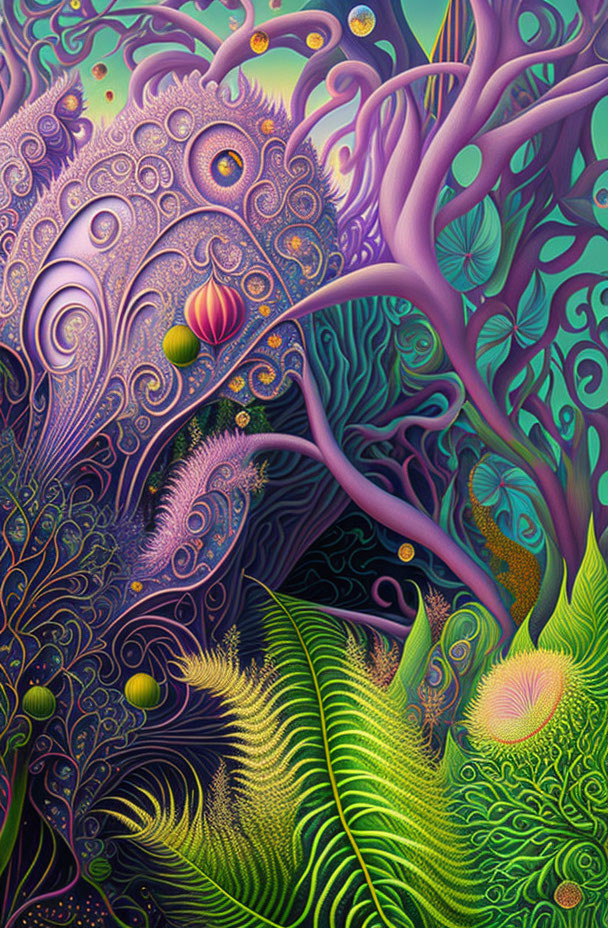 Colorful Psychedelic Forest Illustration with Swirling Patterns