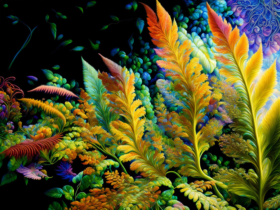 Colorful Stylized Ferns and Foliage Art on Dark Background