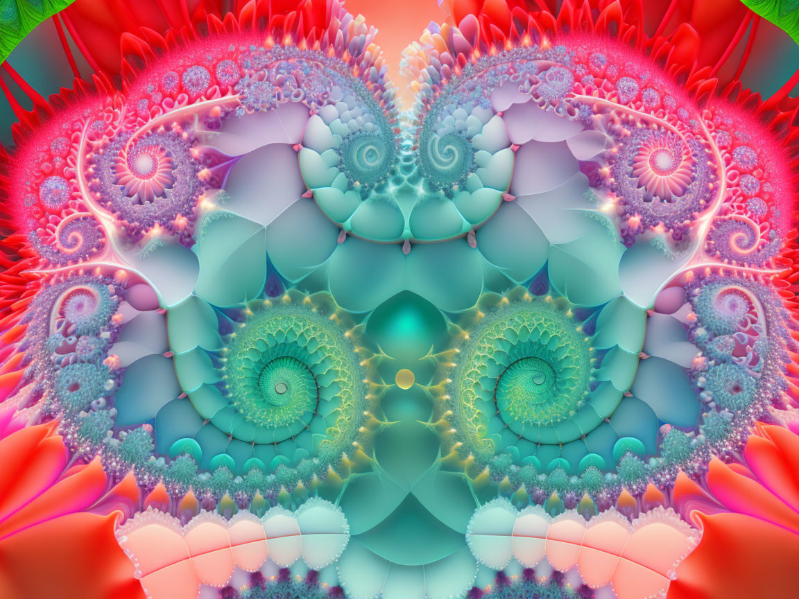 Symmetrical Vibrant Fractal Image with Spiral Shell and Floral Motifs in Pink, Blue, Green