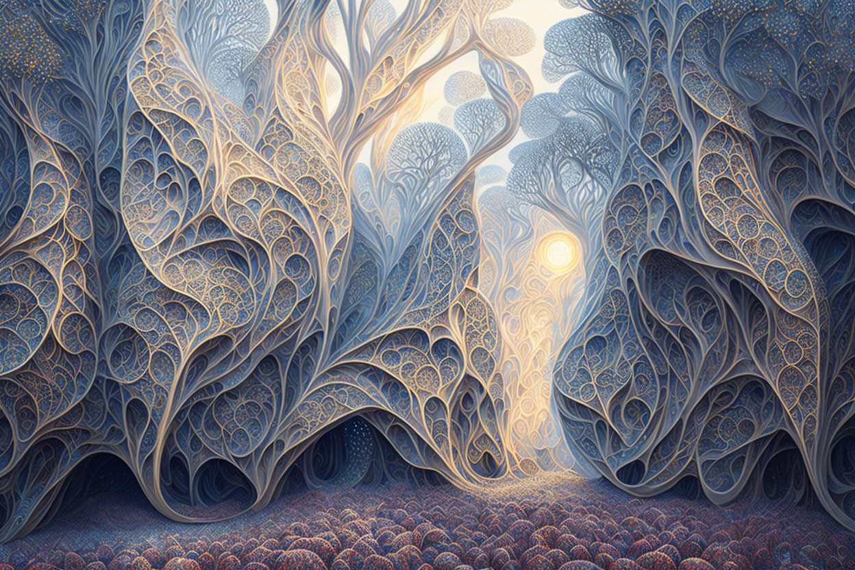 Intricate Swirling Tree Patterns in Radiant Fantasy Forest