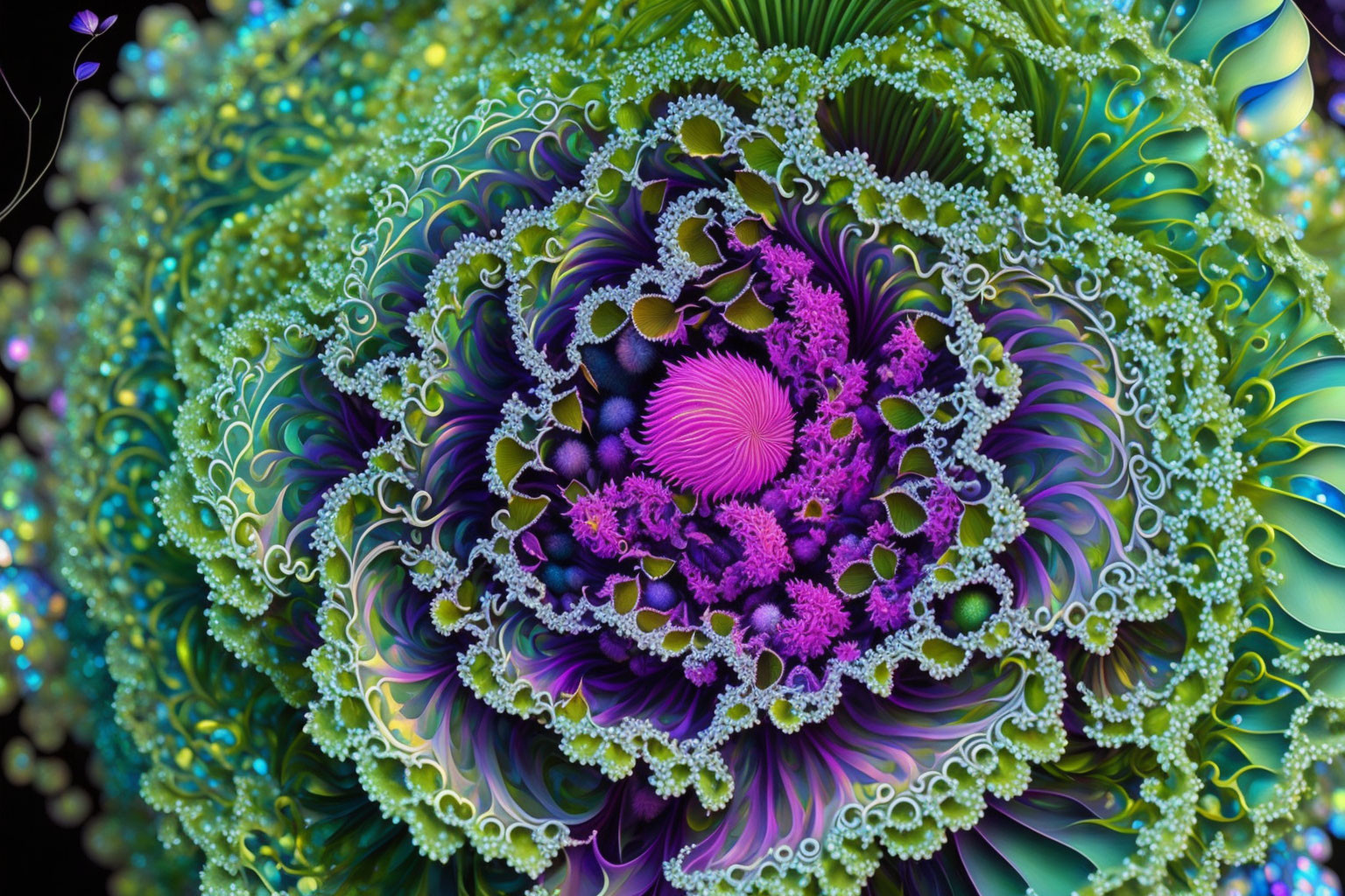 Colorful fractal art: Emerald green and purple patterns with pearl-like details