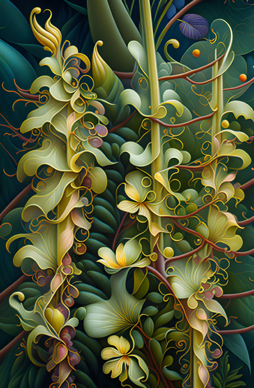 Stylized digital artwork of ornate plants in green, yellow, and orange on a dark background