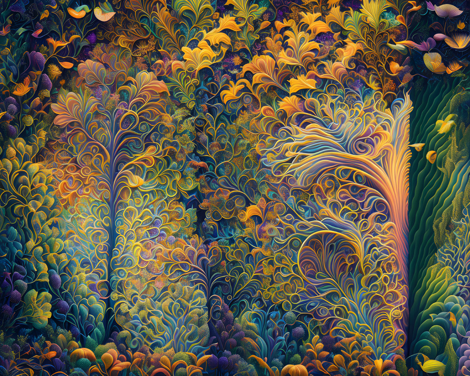 Colorful digital artwork featuring intricate foliage and marine life patterns.