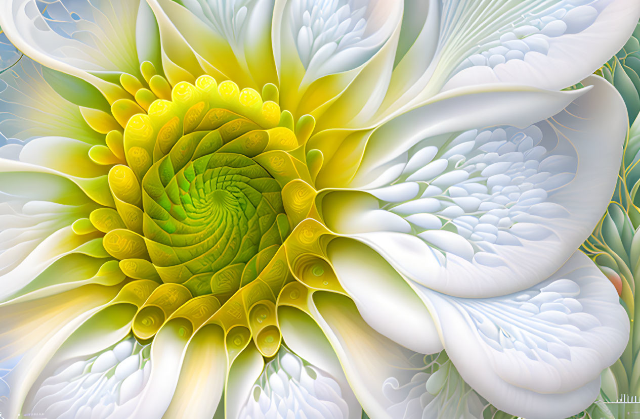 Detailed digital artwork: Stylized floral spiral in vibrant greens and soft whites