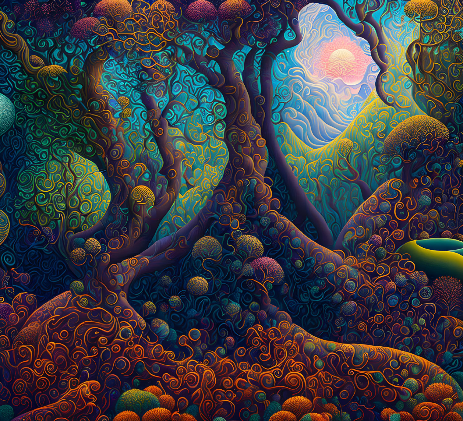 Vibrant Psychedelic Forest Landscape with Stylized Sun