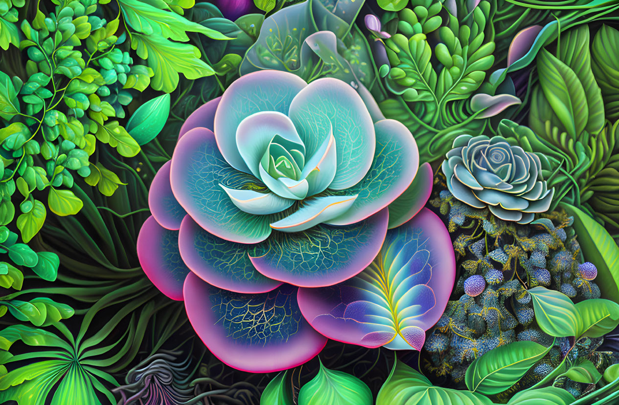 Colorful digital artwork featuring succulents and lush foliage