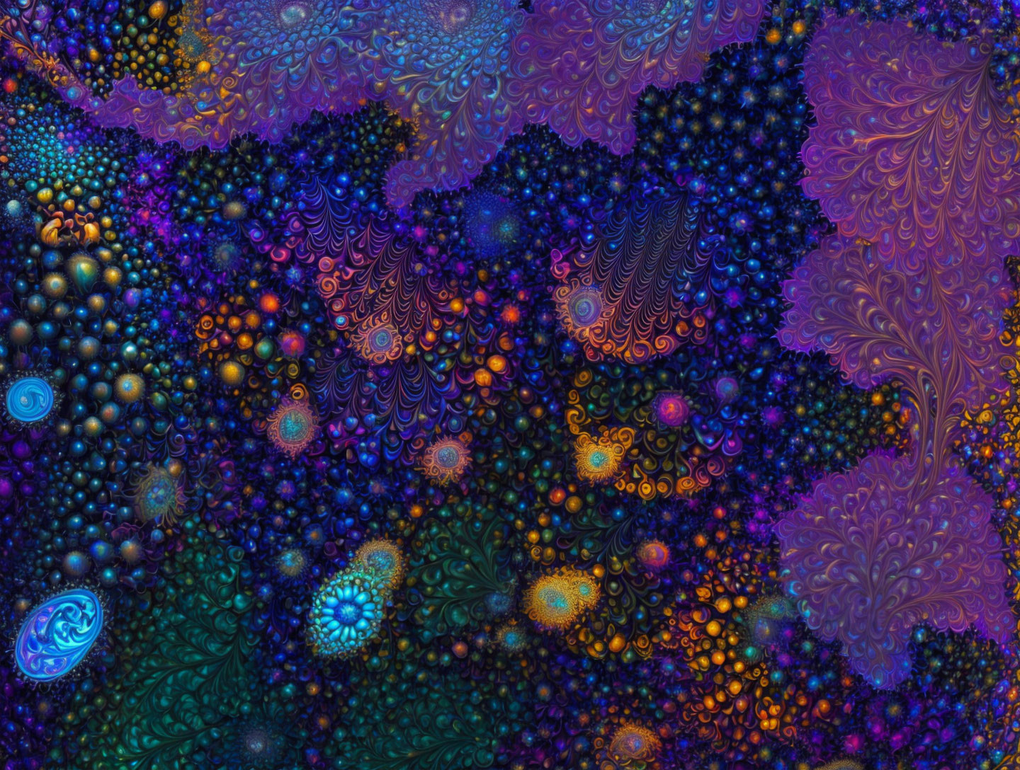 Vibrant fractal art with leaf and bubble patterns in blue, purple, and orange.