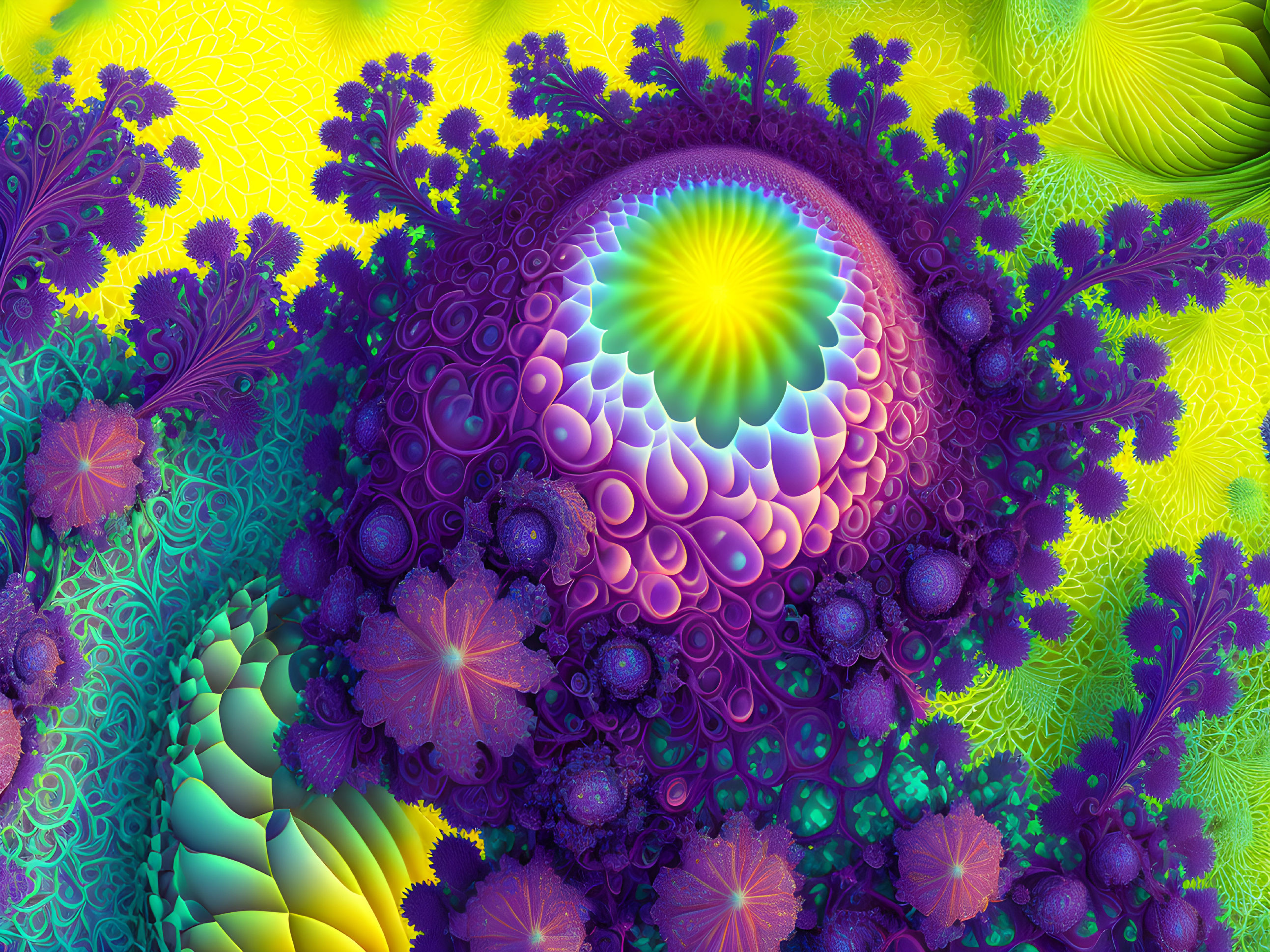 Colorful Fractal Art: Purple, Green, Yellow Patterns