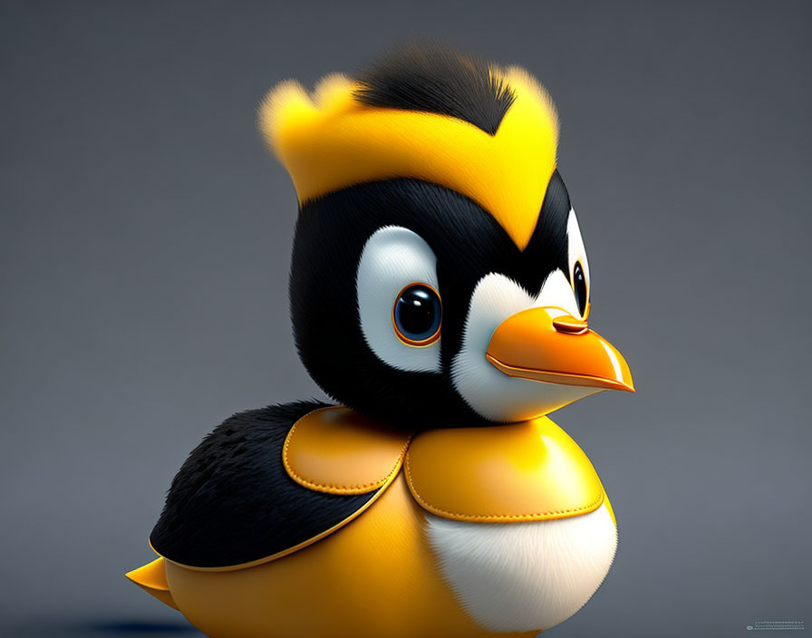 Stylized 3D baby penguin with big eyes and yellow tuft