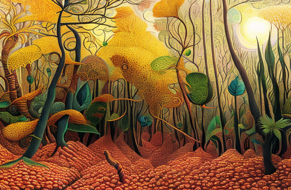 Intricate stylized forest with swirling patterns and bright sun