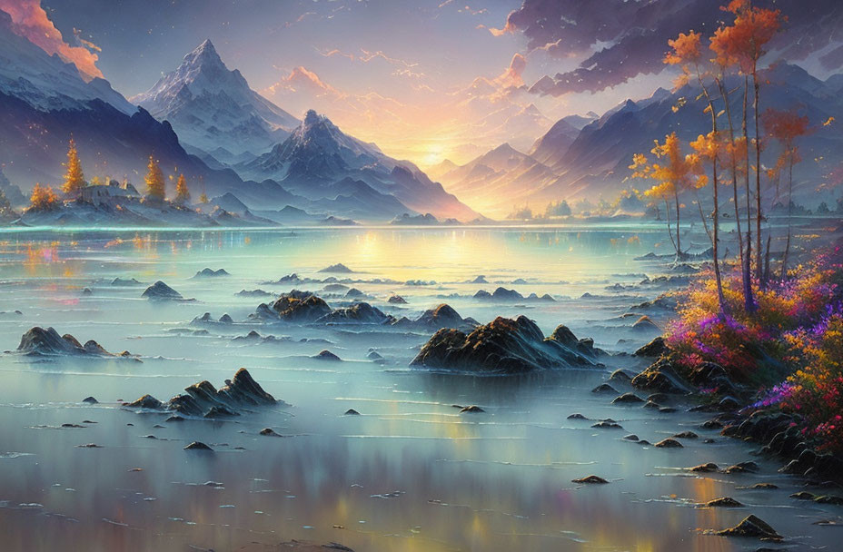 Scenic landscape: serene lake, sunset, mountains, foliage, glowing lights