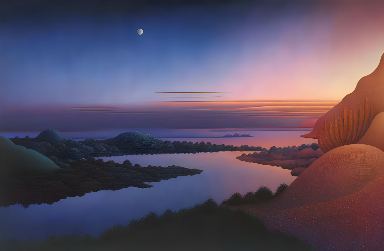 Twilight surreal landscape: crescent moon, calm lake, rolling hills