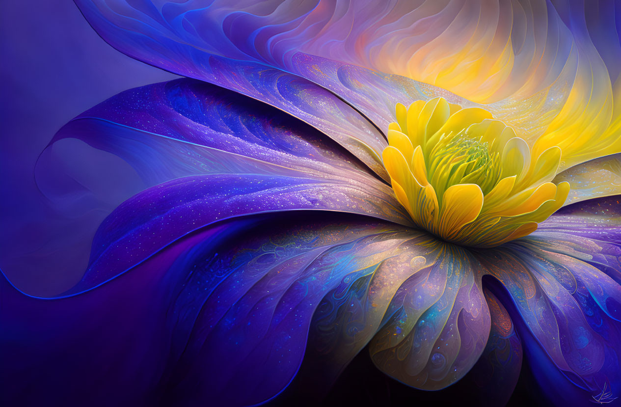 Abstract digital artwork of vibrant swirling flower in purple and blue hues.