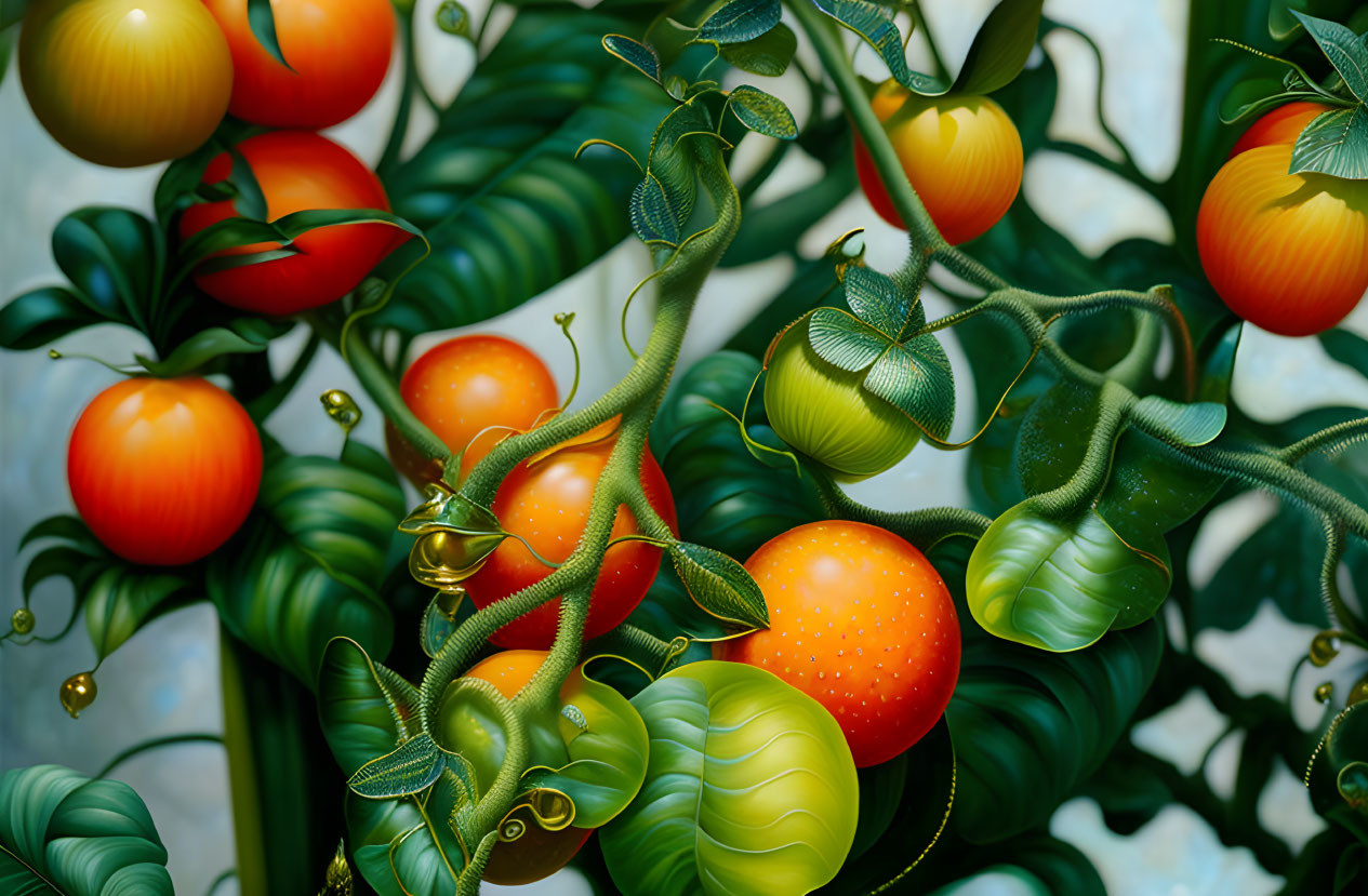 Colorful digital artwork of ripe tomatoes in lush, surreal garden scene