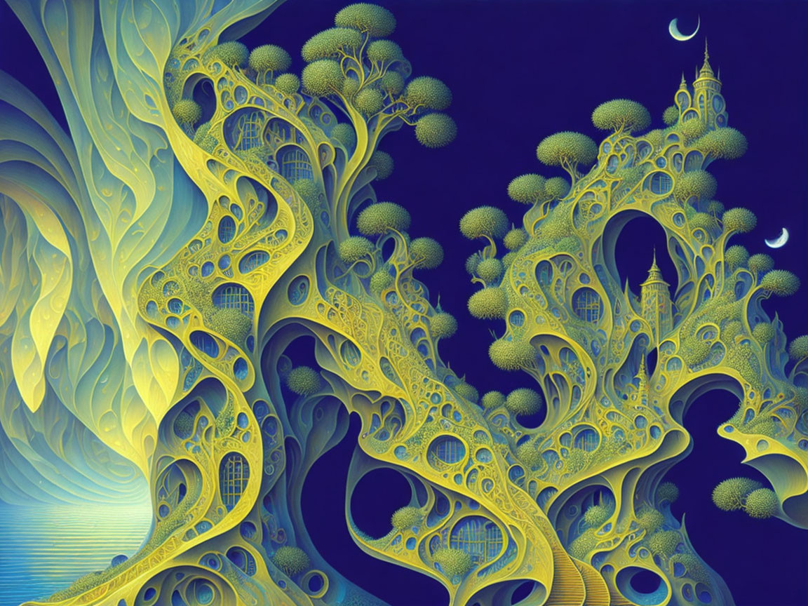 Fractal landscape with tree-like structures and crescent moon in vivid blue and yellow.