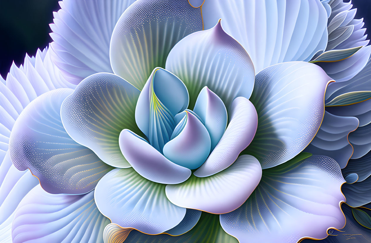 Stylized blue and white flower art on dark background