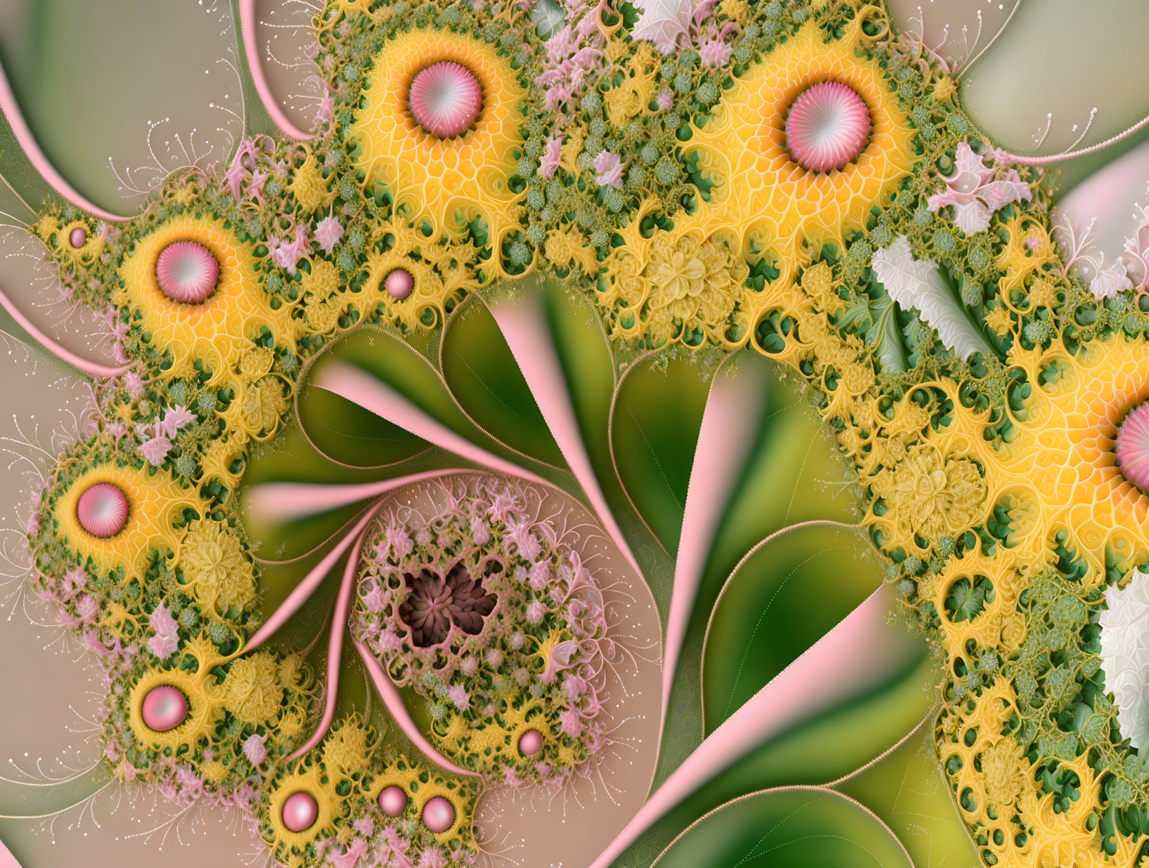 Colorful Fractal Image with Organic-Like Patterns in Green, Pink, and Yellow