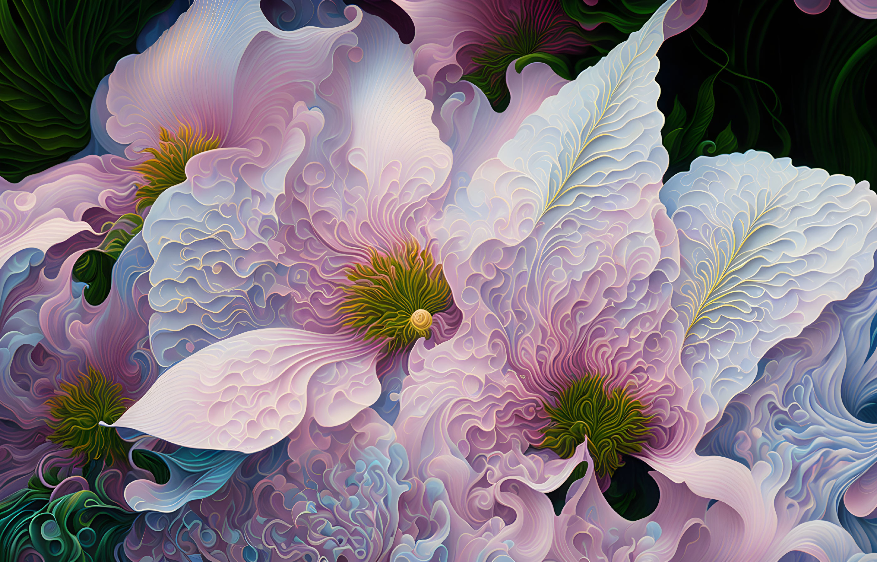 Stylized layered flowers in purple, white, and green tones