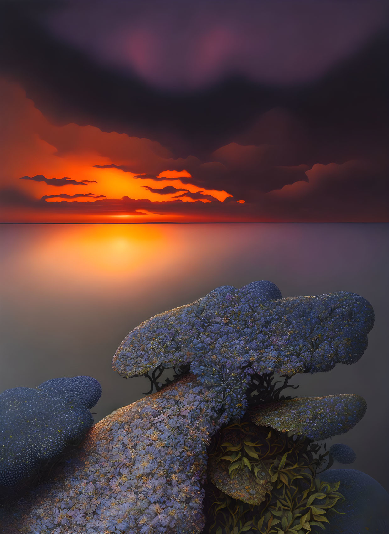 Tranquil sunset over calm water with orange hues, dark clouds, and textured rocks.