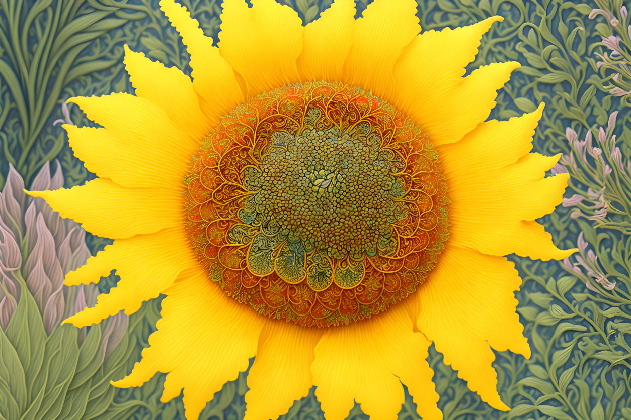 Colorful digital sunflower illustration with intricate patterns on disc florets.