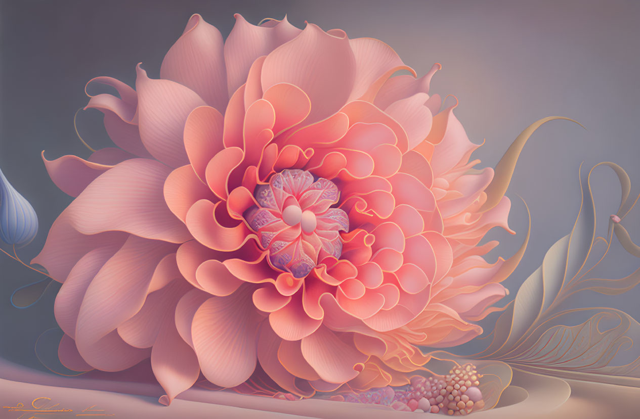 Stylized pink flower digital artwork with detailed petals on grey background