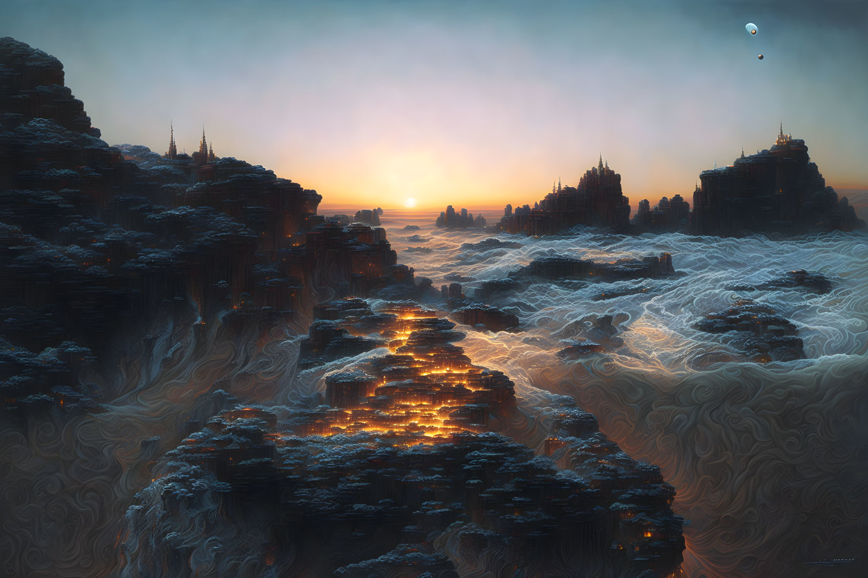 Majestic sunset landscape with wave-like rocks, illuminated paths, and distant castle structures under a cres