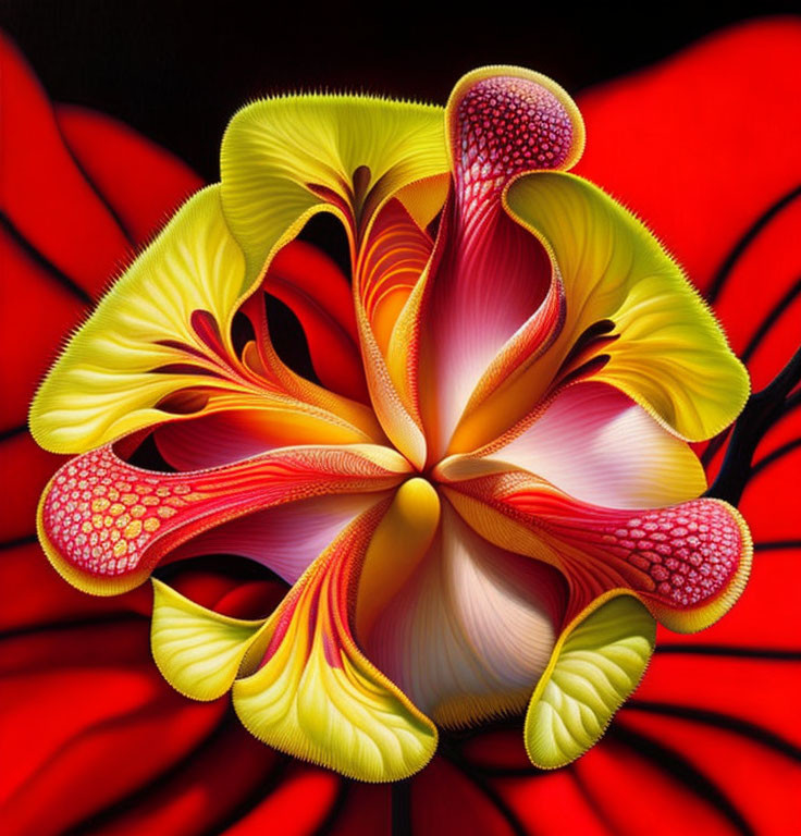 Vibrant abstract digital art: yellow and red flower structure on red and black background