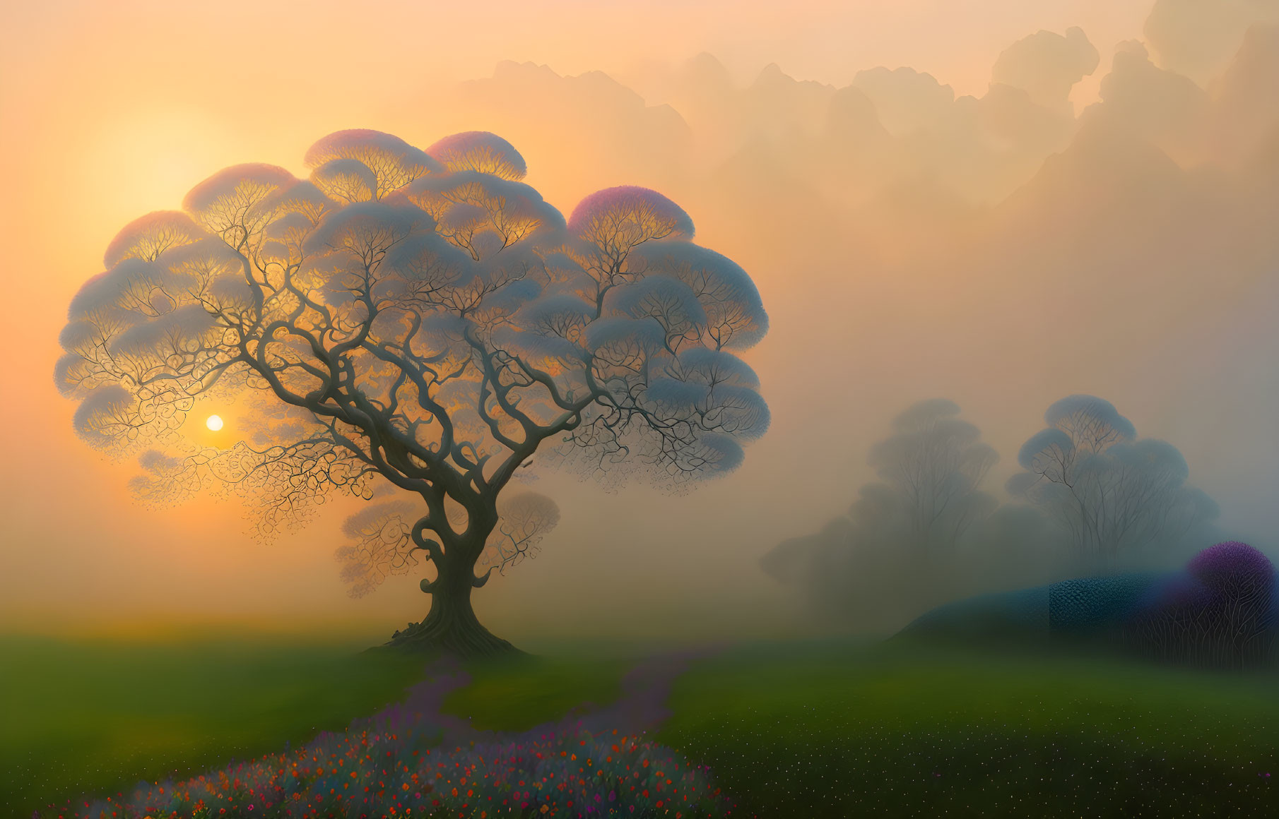 Mystical tree and colorful flowers in serene landscape