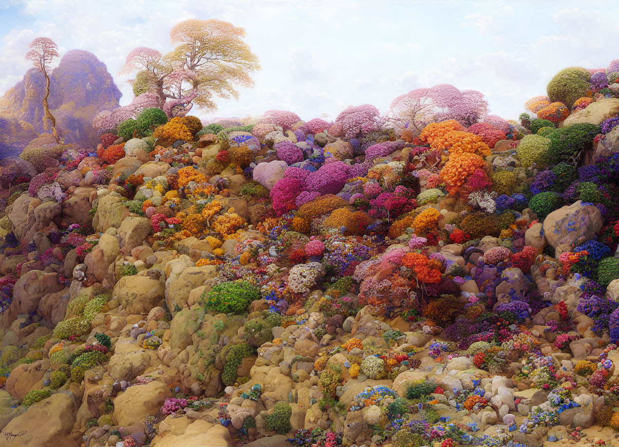 Colorful Blooming Trees and Flowers on Rocky Terrain Under Pastel Sky